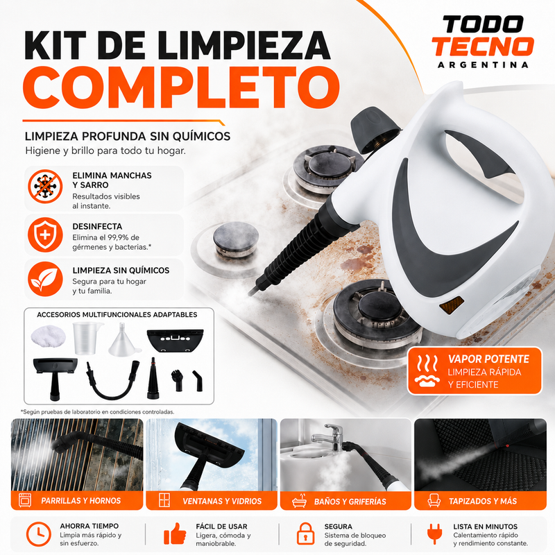 Limpiadora a Vapor 1050W – Kit +10 Accesorios para el Hogar