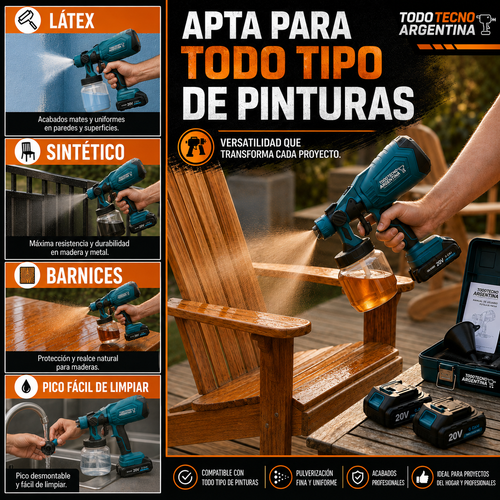Pistola de pintar inalámbrica 20 V con 2 baterías y tanque de 900 ml